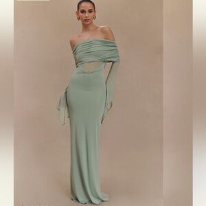 Meshki Kaitlin One Shoulder Slinky And Mesh Maxi Dress - Basil